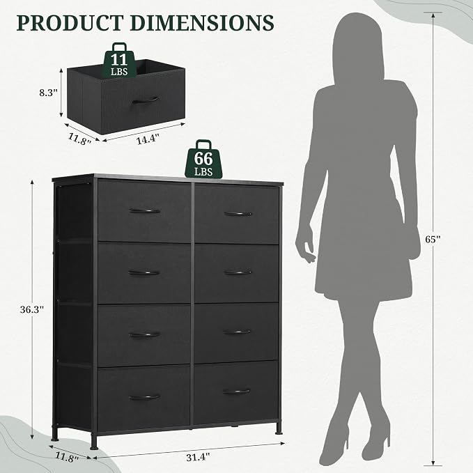 8-Drawer Dresser for Bedroom, Upgraded Anti-Tip Tall Storage Organizer | Chest of Drawers with Wooden Top and Metal Frame Fabric Bins for Closet, Living Room, Hallway, Entryway, Soft Black