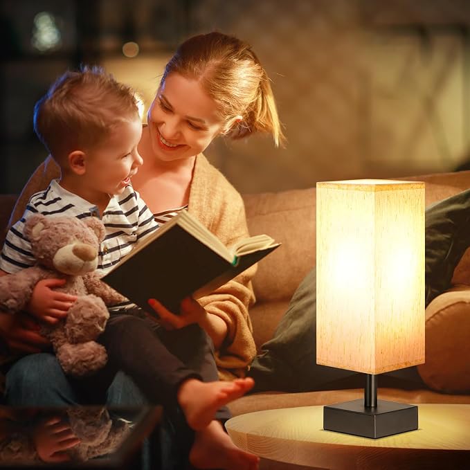 aooshine Small Bedside Table Lamp for Bedroom - Square Cream Fabric Shade | Inline Rocker Switch, Corded Electric, Bulb Not Included, 12.8" Mini Table Lamp for Nightstand, Desk, Dorm, Office