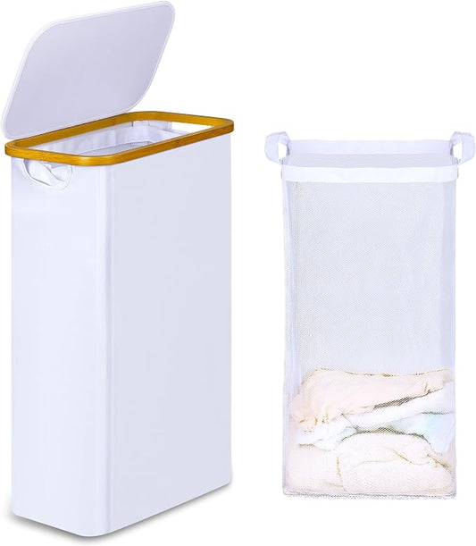 IEGrow Laundry Hamper with Lid,60L Laundry Basket with Mesh Bags,White | Dirty Clothes Hamper Basket with Bamboo Handle for Clothes Towels