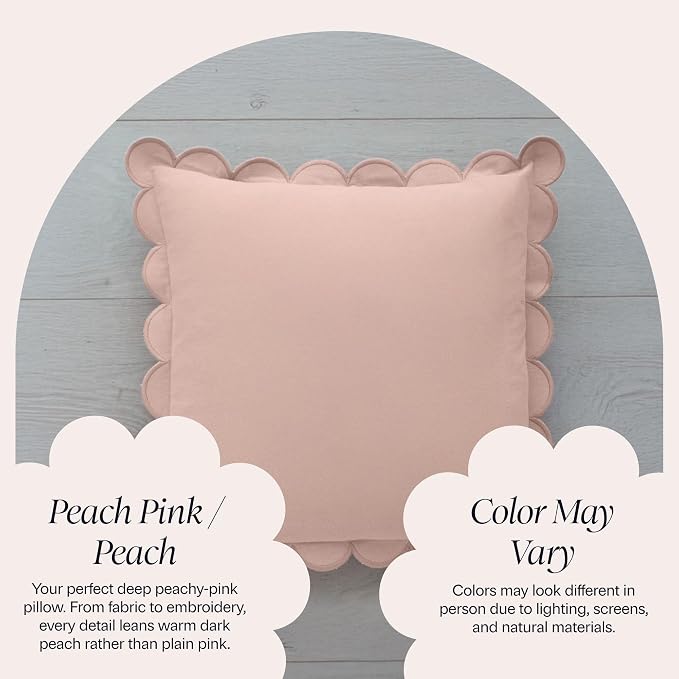 BEBE BASK Scalloped Pillow Cover Set of 2, 18x18, Cotton - Peach Pink | 100% Cotton, Scallop Pillow Covers, Grandmillennial Style, 18 by 18 Inch, Easy to Care, Machine Washable, Scalloped Pillows