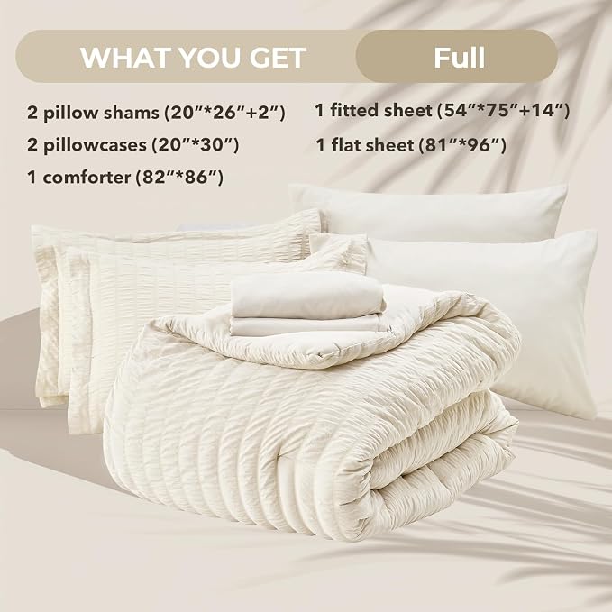 HYMOKEGE Ivory Full Size Comforter Sets Seersucker 7 Pieces, All Season Luxury Bed in a Bag for Bedroom, Bedding Set with Comforters, Sheets, Pillowcases & Shams