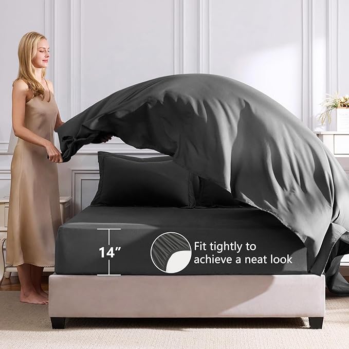 King Size Comforter Set Dark Grey - 7 Pieces Complete Bedding Set | OEKO-TEX Certified, All Season, 240GSM Down-Alternative Comforter, Sheets, Pillowcases & Shams, 14" Deep Pocket, Easy Care