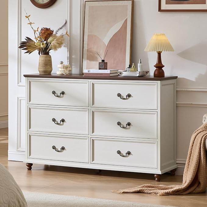 Joaxswe Farmhouse 6 Drawers Dresser for Bedroom, Vintage 54" Wide Chest of Drawers w/ 4 Wooden Legs, Rustic Large Closet Storage Dressers Organizer for Hallway, Wood TV Stand for Living Room, White