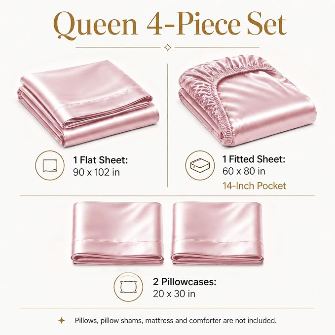 CozyLux Satin Sheets Queen, 4-Piece 14-Inch Deep Pocket Sheet Set | OEKO-TEX Certified Silky Soft Sheet Set for Hair & Skin, Luxurious Silky-Smooth Satin for Elegant Bedroom Decor, Dirty Pink