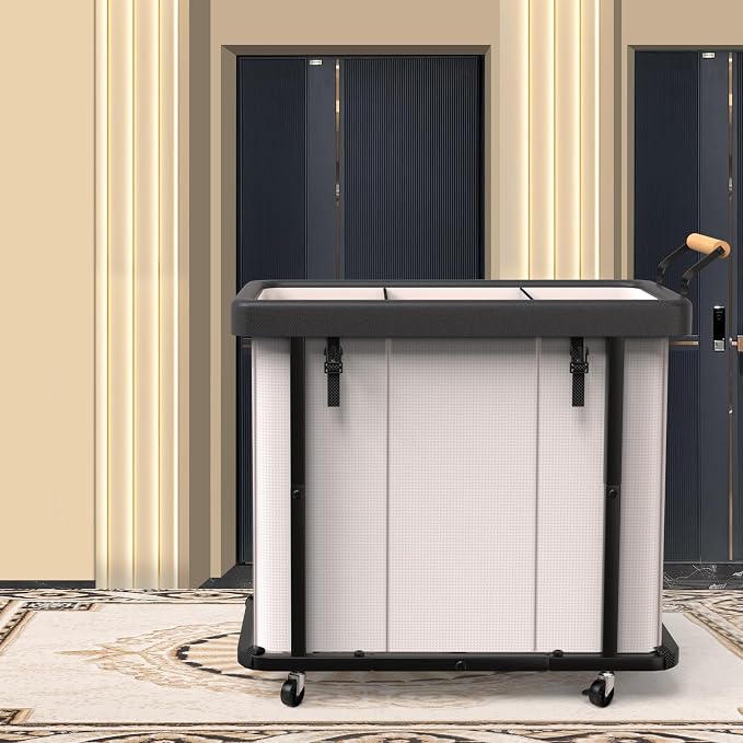Laundry Hamper 3 Section,230L Rolling Dirty Clothes Hamper White | Laundry Basket with Wheels & Lid,Laundry Organizer Storage Cart with Metal Frame and Wooden Handle for Laundry Room, Hotel