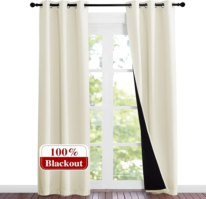 NICETOWN Beige Blackout Curtains for Living Room 37" w x 84" L 2 Panels | Completely Shaded Draperies Ring Top Drapes Black Lined Insulated Window Treatment, Privacy Protection Noise Reducing Decor