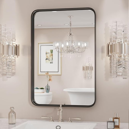 Sweetcrispy Bathroom Wall Mirror, Vanity Mirrors for Over Sink, 36x24 Inch | Metal Framed Rounded Rectangle, Home Decor Mirros for Farmhouse, Restroom, Anti-Rust, Horizontal or Vertical Hanging, Black