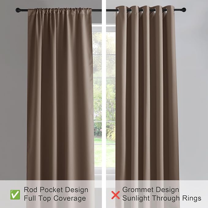PONY DANCE Rod Pocket Blackout Curtains - Kitchen Curtains Short Thermal Insulated Window Treatments Panels Light Block for Bathroom, Wide 42 by Long 45 inches, Mocha, 2 Pieces