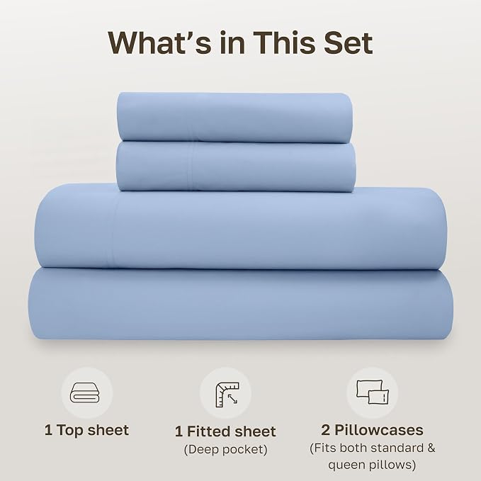 California Design Den Organic Cotton Full Size Bed Sheet Set, Light Blue | GOTS Certified, Lightweight Crisp & Airy Percale For Hot Sleepers, 15" Deep Pocket, All-around Elastic, Easy Care