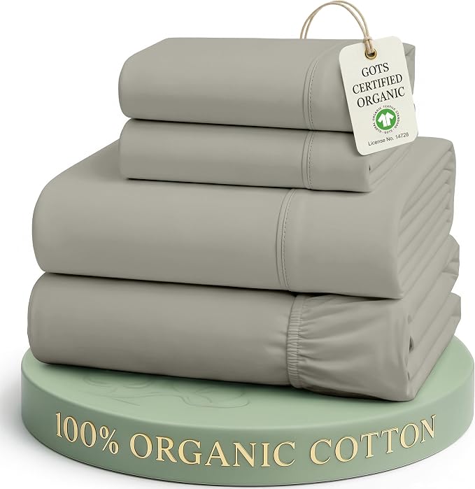 Lane Linen Queen Bed Sheets 100% Organic Cotton Percale Cooling - Silver
