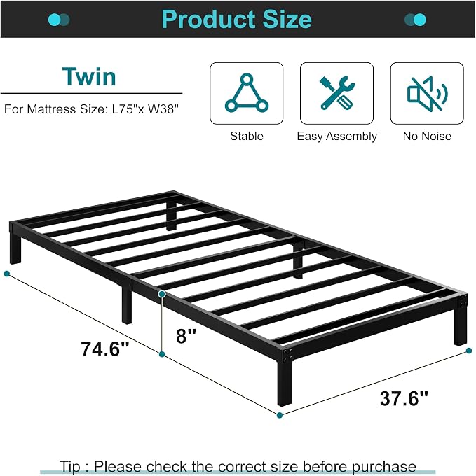 Maenizi 8 Inch Twin Bed Frame, Metal Platform Bed Frame Twin Size | No Box Spring Needed, Heavy Duty Support Up to 2500 lbs, Easy Assembly, Noise Free, Black