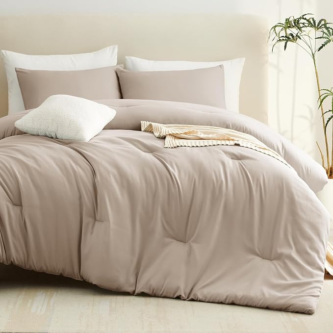 Queen Comforter Set, 3 Pieces Down Alternative Bedding, Wheat | 270 GSM All Season Comforter with 4 Corner Ties for Use as a Duvet Insert, OEKO-TEX Certified, 2 Pillowcases, 88 x 88 in
