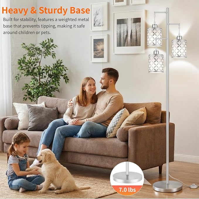 72" Dimmable Floor Lamp with Remote & Timer, Modern Minimalist Standing Lamp for Living Room Bedroom, 3 Individually Controlled Heads, 2 Height Options, 3x 1100LM LED Bulbs Included -Silver