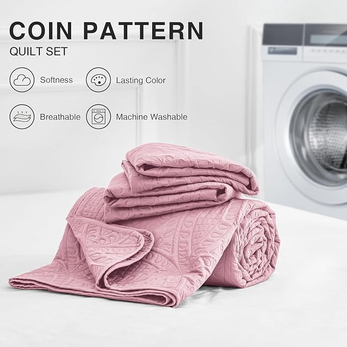 Love's cabin Quilts for Queen Bed Pink Bedspreads - Soft Bed Summer Lightweight Bedspread Comforter - Modern Style Coin Coverlet for All Season - 3 Pieces (1 Quilt, 2 Pillow Shams)