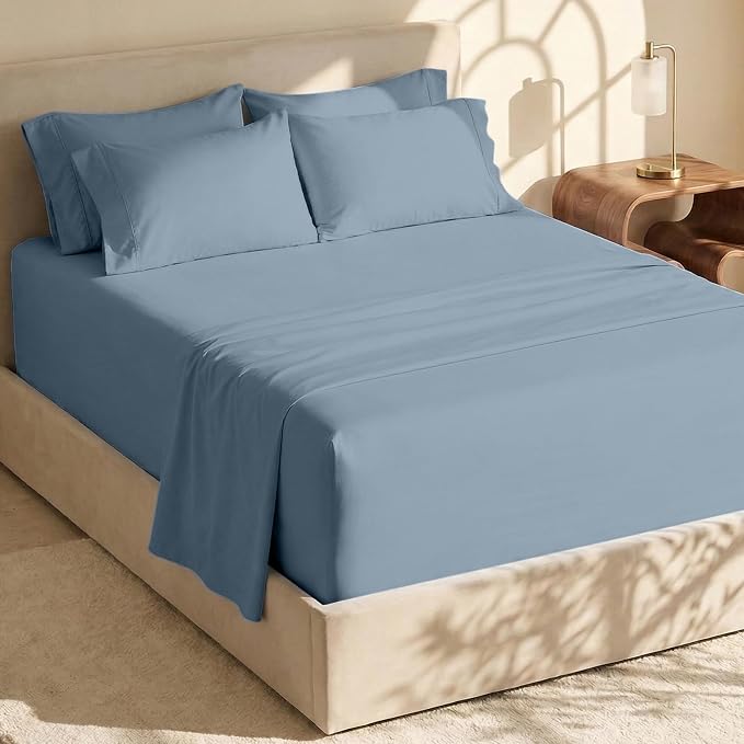 Hearth & Harbor Bed Sheets, Luxury Soft 6 Piece Bed Sheet Set Extra Deep Pocket Fitted Sheets Fits Mattress up to 21", Double Brushed Bedding Sheets & Pillowcases, Cal King, Soft Blue