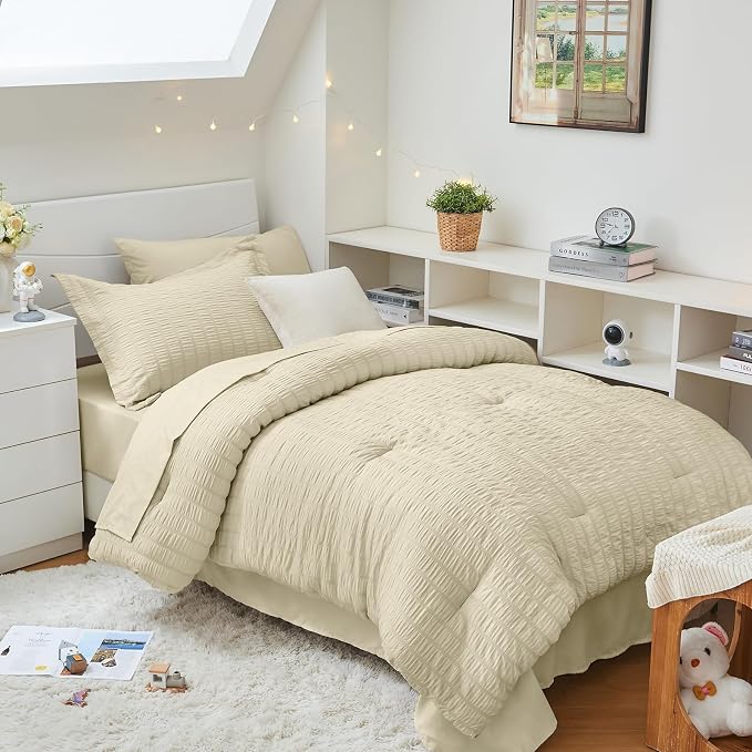 HYMOKEGE Oatmeal Twin XL Comforter Set Seersucker 5 Pieces, All Season Luxury Bed in a Bag for Bedroom, Bedding Set with Comforter, Sheets, Pillowcase & Sham
