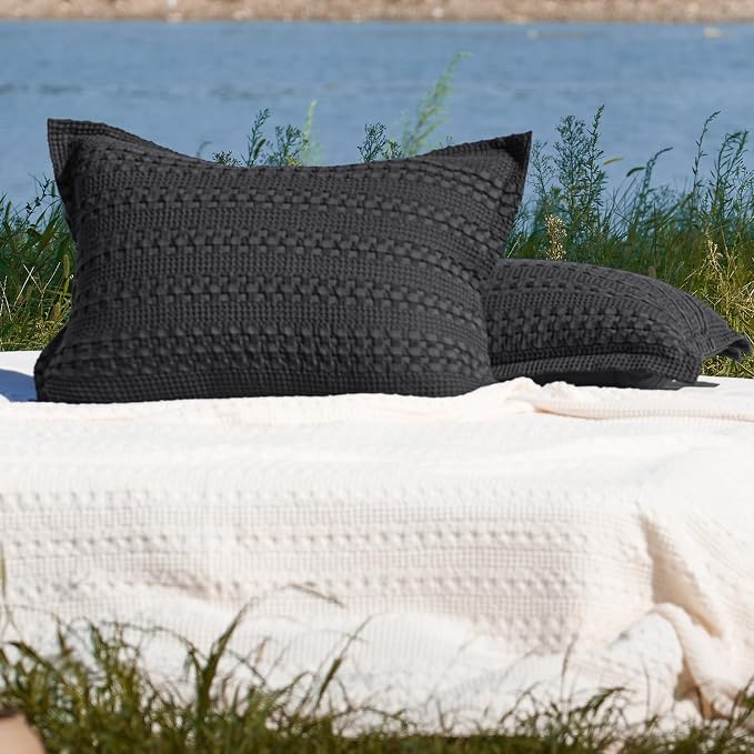 PHF 100% Cotton Waffle Pillow Shams Queen Size, 2 Pack 20" x 30" Soft Skin-Friendly Pillowcases, No Filling, Aesthetic Woven and Breathable Waffle Weave Pillow Case Covers for Bed, Black