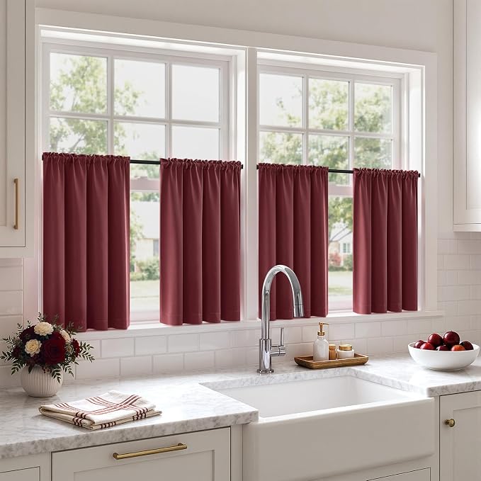 MIULEE Set of 4 Burgundy Red 45 Inch Short Blackout Kitchen Window Curtains | Bedroom Drapes, Light Blocking Privacy Curtains for Small Windows, Bathroom, RV/Motorhome, Laundry, Top&Bottom Rod Pocket