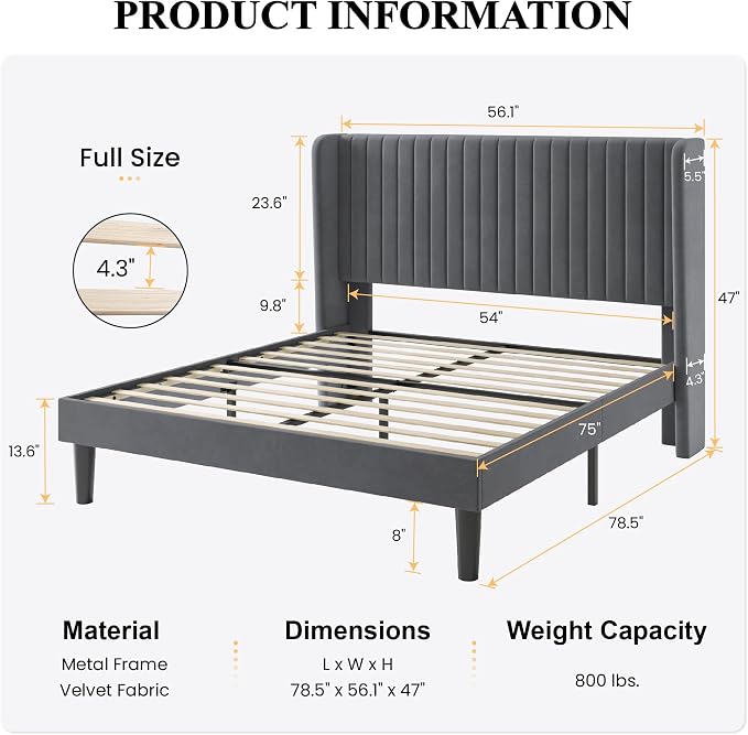 SHA CERLIN Full Size Velvet Bed Frame, Tufted Wingback Headboard, Grey | 47'' Modern Vertical Channel Headboard, Upholstered Platform Bed, Wood Slats, No Box Spring Needed, Easy Assembly, Noise Free