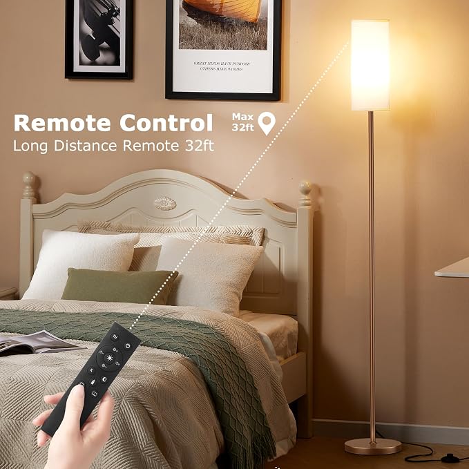 64'' Floor Lamps for Living Room with Remote Control and Stepless Dimmable Colors Temperature & Brightness, 9W Bulb Included(White Lampshade & Brown Pole)