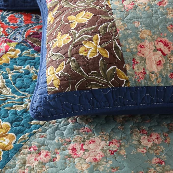 VISIMISI Cotton Bedspread Quilt Sets Reversible Bedding Coverlet Sets 3 Pieces Patchwork Blue Vintage Floral Paisley Bedspread, King Size