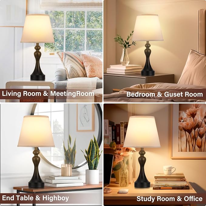 Touch Lamps for Nightstand, 3 Way Dimmable Bedside Lamps with USB C+A Ports | Touch Control, LED Bulb Included, Small Black Table Lamp for Bedroom, Night Stands, End Table, Gift，Corded，White Shade