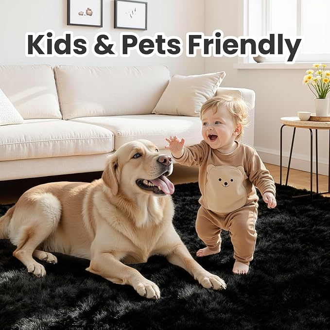 8x10 Fluffy Shag Area Rugs for Living Room Bedroom: Soft Plush Carpet Black | Upgraded Non-Slip Thick Memory Foam, Ultra Soft, Non-Shedding Fuzzy Carpet, Easy Clean Decor for Kids Room, Nursery, Playroom