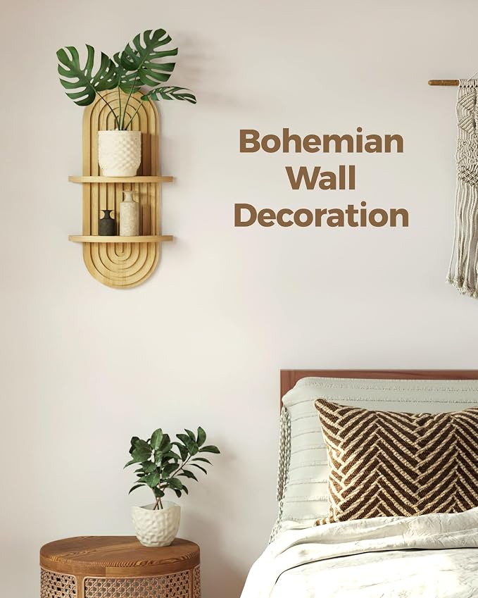 Bamworld Boho Wall Decor Plant Wall Shelf Wood Plant Holder Natural | Mid Century Modern Decor Hanging Plant Shelf Wooden Floating Shelves for Home Bedroom Living Room Holding Planter Decoration