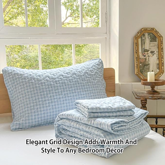 NSNLGSGC Light Blue Gingham King Summer Bedspread Quilt Set | Pre-washed Microfiber,Lightweight Checked Grid Bedding Coverlets for All Seasons