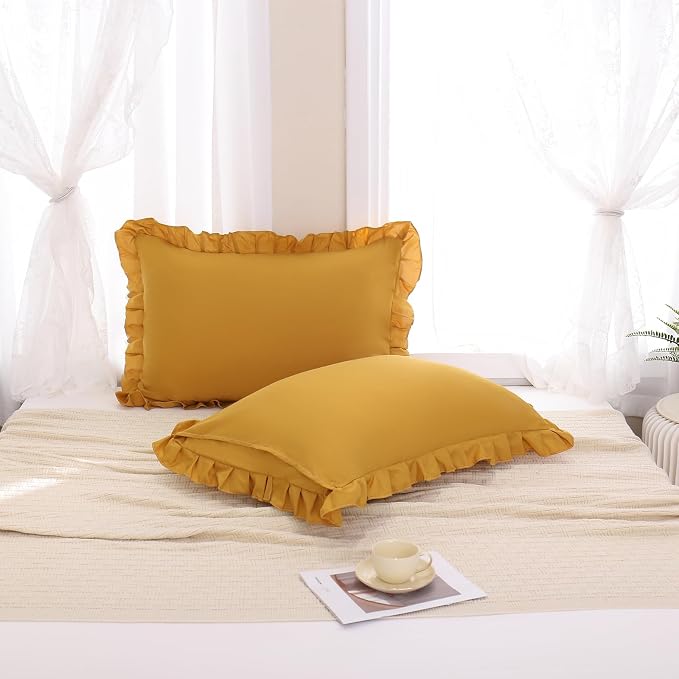 Merryword Mustard Yellow Pillowcases QueenPillowcases Set of 2 Ruffle Pillow Shams Cute Pillow Covers Solid Ruffled Fringe Design Yellow Shabby Chic Pillowcases 2 Pack