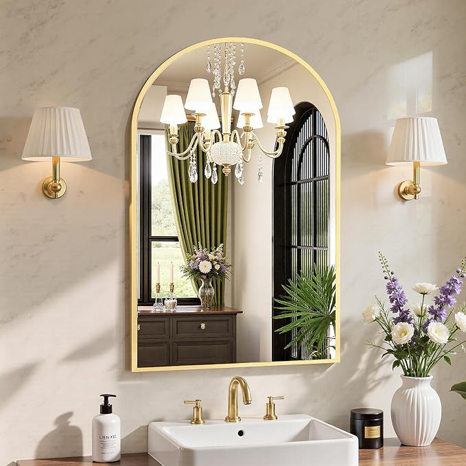 Sweetcrispy 20"x30" Arched Gold Bathroom Mirrors for Wall | Bathroom Mirrors for over sink, Metal Framed with HD Shatter-Proof Glass for Entryway, Living Room, Bedroom