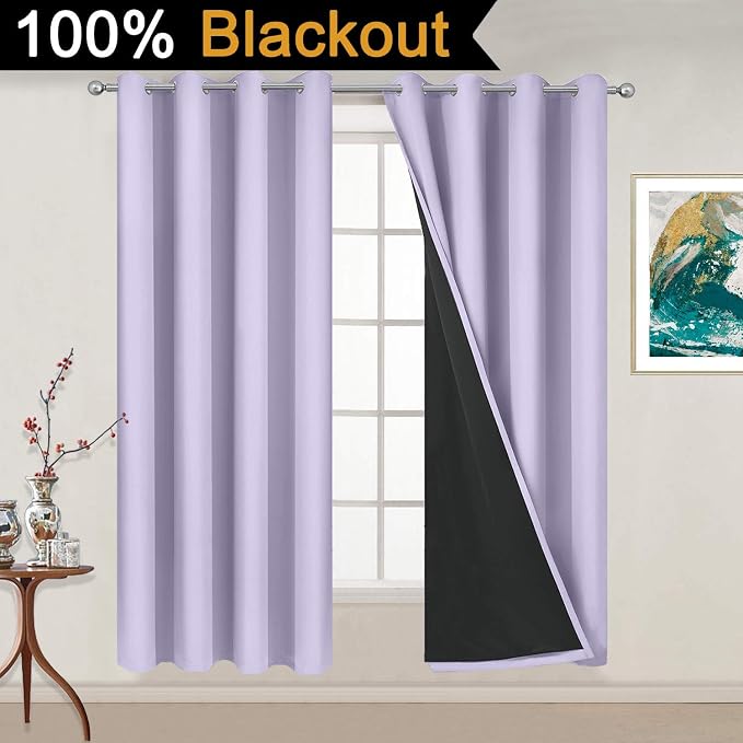 Yakamok Lilac 100% Blackout Curtains 54 Inches Long for Bedroom 52" Wide | Blackout Curtain Panels for Bedroom, 2 Thick Layers Grommet Top Thermal Insulated Drapes with Black Liner for Living Room