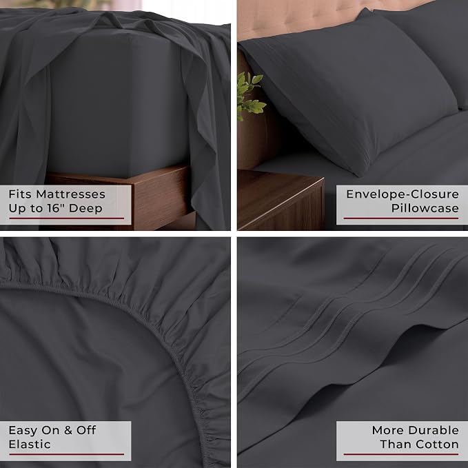 Mellanni Iconic 4-Piece, Ultra Soft Sheet Set (California King, Charcoal) | 10M+ Sleepers. Lab-tested: Sleeps Cool, Stays Bright, Strong, Smooth. Good Housekeeping Best Bedding, 7 yrs running.