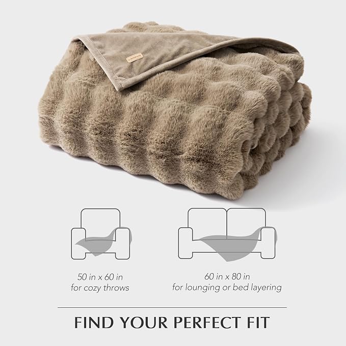 EverGrace Faux Rabbit Fur Bubble Throw Blanket, 60"x80", Greige | Ultra Soft, Luxury Faux Rabbit Fur Throw, Thick Warm Bubble Blanket, Cozy Fluffy Reversible, for Bed, Couch, Chair, Sofa