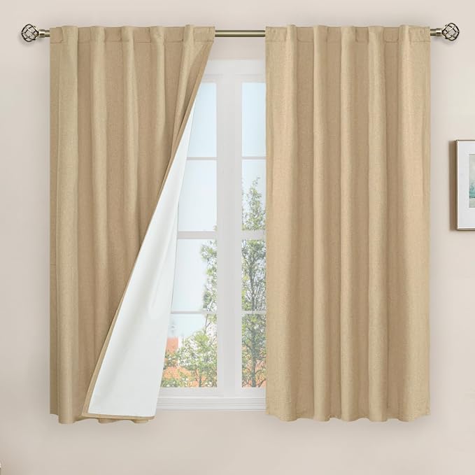 Natural 100% Blackout Linen Curtains 54 Inches with White Liner | Room Darkening, Bedroom, Curtains for Farmhouse, Privacy, Rod Pocket Back Tab Drapes, 2 Panels, 42 x 54 Inch, Burlap