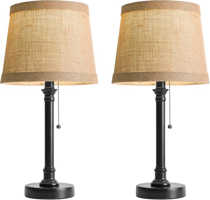 19.5" Black Rustic Table Lamps Set of 2 for Living Room Bedroom | Pull Chain Switch Bedside Table Lamps, Farmhouse Nightstand Lamp with Natural Shade, Small Lamp for End Table & Desk Light