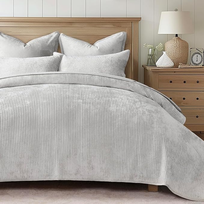 EverGrace Striped Channel Velvet Quilt Set, Queen Size, Frost Gray | Luxurious Soft Lightweight Velvet Comforter, Oversized Bedspread Coverlet, Quilted Bedding Set for All Season, with 2 Shams