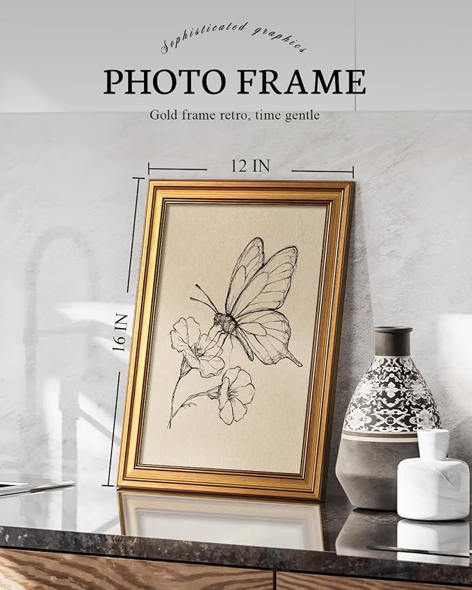 VIYYIEA Vintage Gold Framed Wall Art for Living Room, Butterfly Canvas Prints Home Decor, Sketch Painting Picture, Bedroom Wall Decor Gifts for Friends or Family -【Dancing with Flowers】-(16L x 12W)