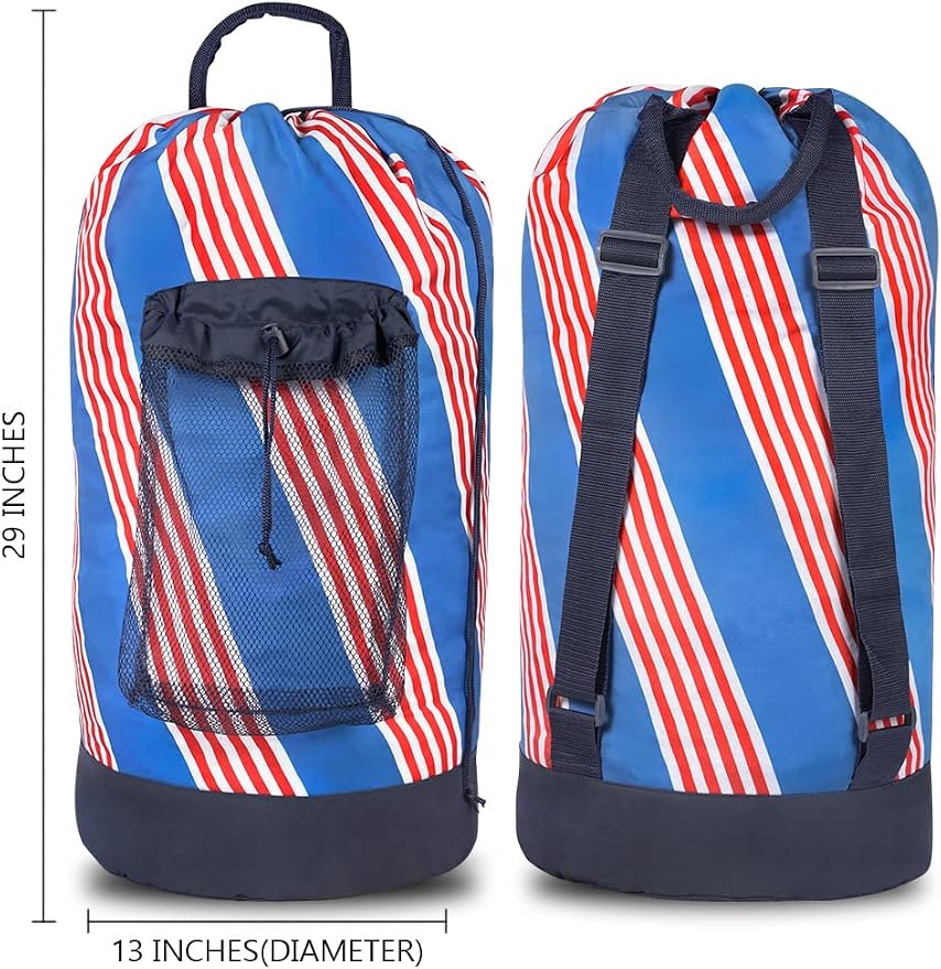 Backpack Laundry Bag with Shoulder Straps and Mesh Pocket Durable Nylon Clothes Hamper Bag with Drawstring Closure for College, Travel, Laundromat, Apartment