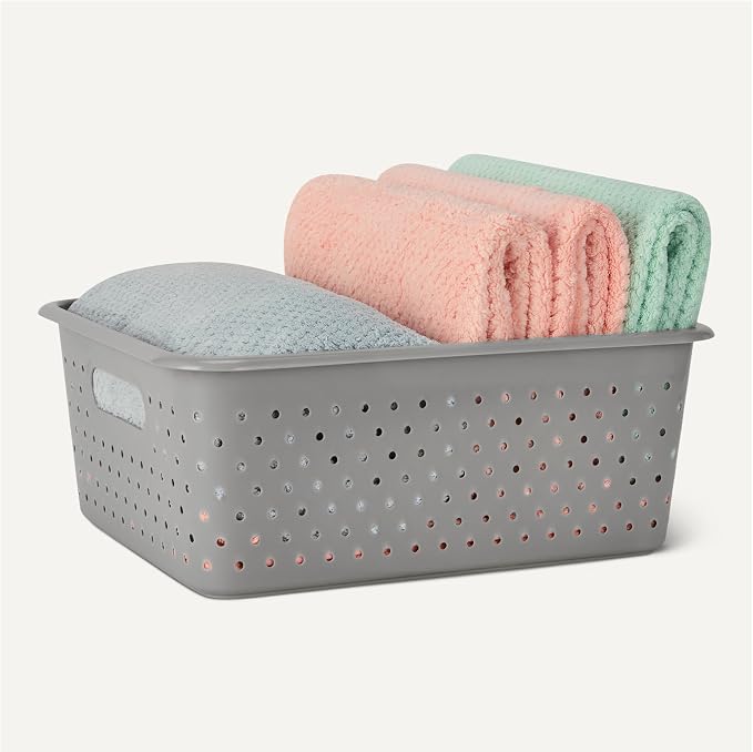 Amazon Basics Decorative BPA-Free Plastic Storage Baskets, 13.66 x 11.34 x 5.39 in, Grey, 4-Pack