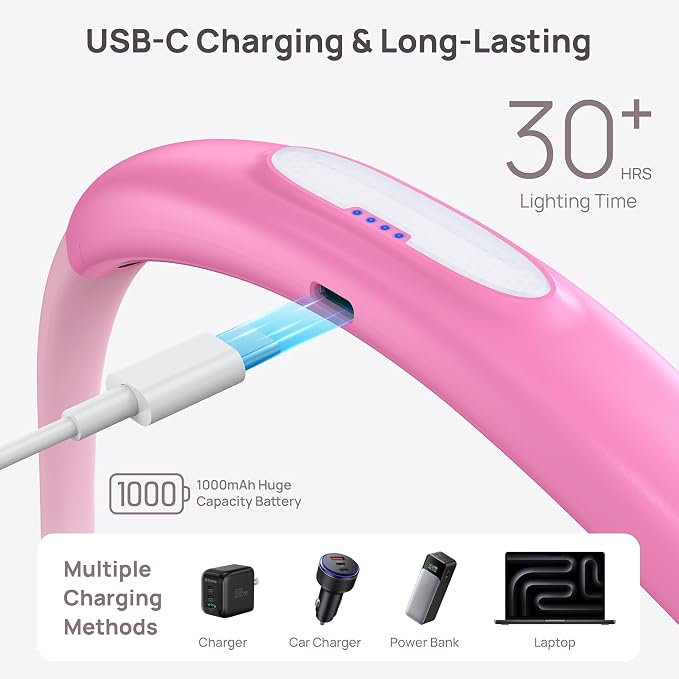 TROND LED Neck Reading Light, Bendable Neck Light for Reading, USB-C, Pink | 3 Color 3 Brightness Book Light for Reading, Flexible Arm with Outdoor Warning Lamp, Eye-Caring for Crochet,Book Lovers Gifts