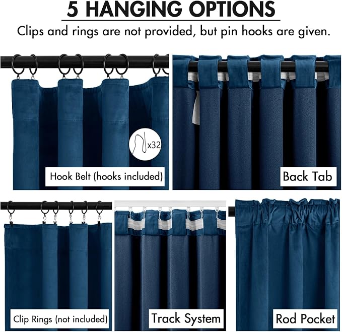 MIULEE Velvet Curtains 50W x 84L 2 Panels Navy Blue Blackout Curtains | Luxury velvet fabric, pinch pleat design, back tab hooks, thermal insulated, blackout light blocking, for living room bedroom