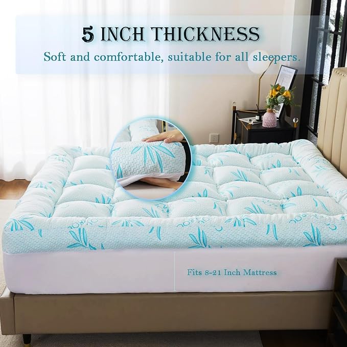 WhatsBedding 5 Inch Twin Mattress Topper Breathable Bamboo Viscose Air Layer,Memory Foam Mattress Topper Twin Size Blue.