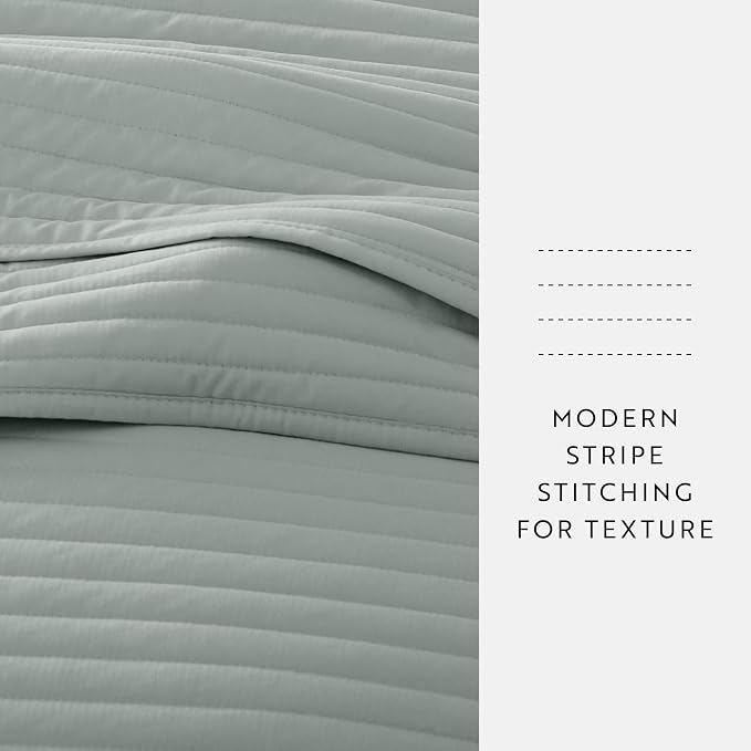 Merit Linens Modern Quilt Coverlet Soft Set in Stripe Stitching - Twin/TwinXL Eucalyptus