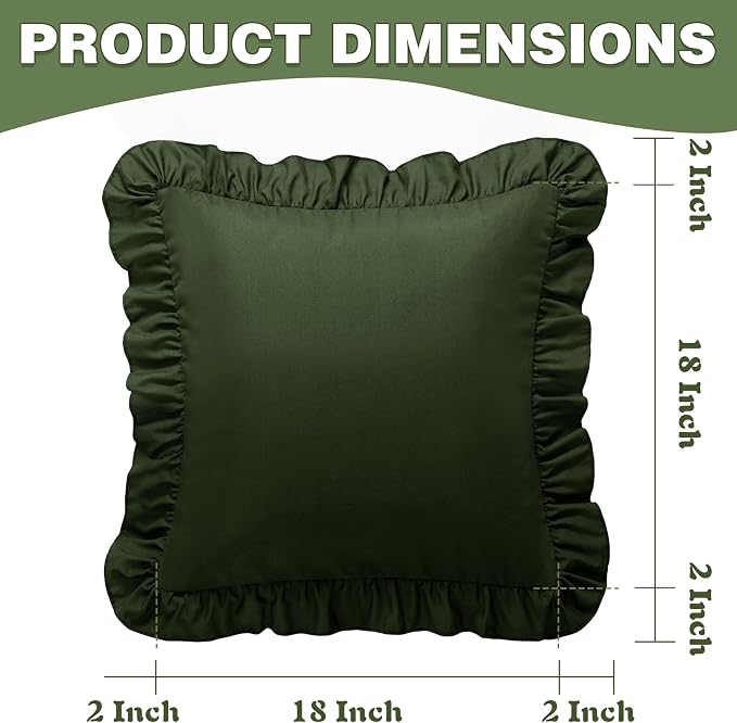 KKJIAF 2 Pack Ruffle Pillow Cases 18x18 Inches, Olive Green | Square Ruffled Pillow Covers, Microfiber Wrinkle Resistant Pillow Shams with Envelope Closure for Sofa Bed Living Room