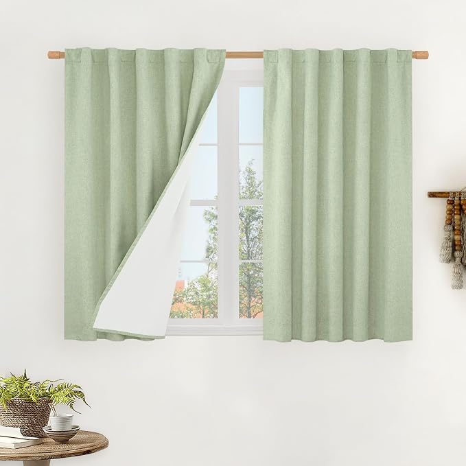 100% Blackout Linen Curtains for Cafe 40 Inch Length 2 Panels | Light Green, Thermal Kitchen Curtains, Neutral Short Window Panels, Rod Pocket Back Tab, with White Liner, 42 x 40 Inch