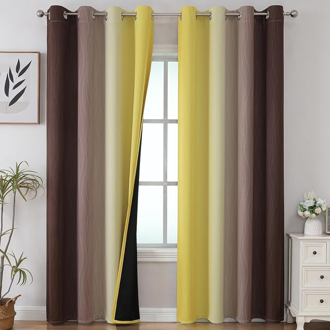 Brown and Yellow Blackout Curtains 52Wx96L Inch 2 Panels | Thermal Insulated Ombre Drapes for Bedroom 96 Inch Long,Room Darkening,Energy Saving,Grommet Curtains for Living Room