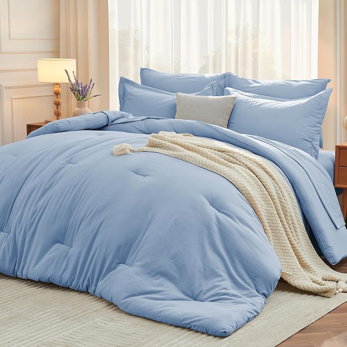 7 Pieces Full Comforter Set, Soft Bed in a Bag Full Size, All Season Bedding Set with Comforter, Flat Sheet, Fitted Sheet, Pillowcases & Shams, Greyish Blue