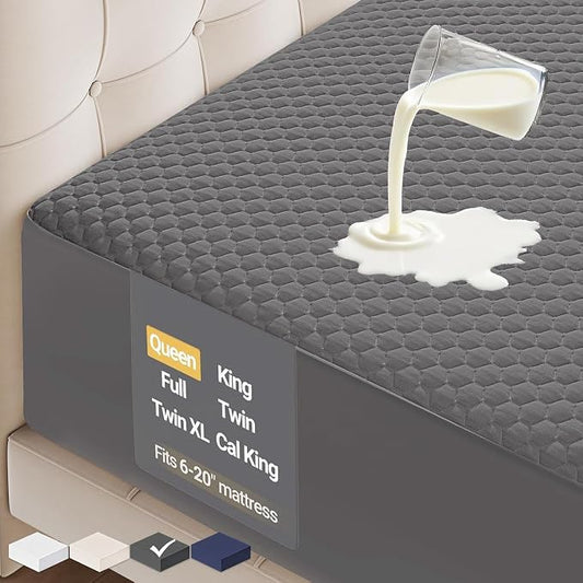 OhGeni 100% Waterproof Mattress Protector, Queen-Gray Size Mattress Pad, Fits 6"-20" Mattresses with Deep Pocket, Cooling, Breathable Fitted Sheets, Washable Bed Cover Over 99 Count Hex Bumps
