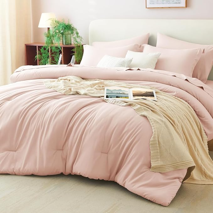 King Size Comforter Set Blush Pink, 7 Pieces Bed in a Bag | OEKO-TEX Certified, All-Season, Bedroom, 240GSM Down Alternative Comforter, Flat & Fitted Sheets, 2 Pillowcases & 2 Shams